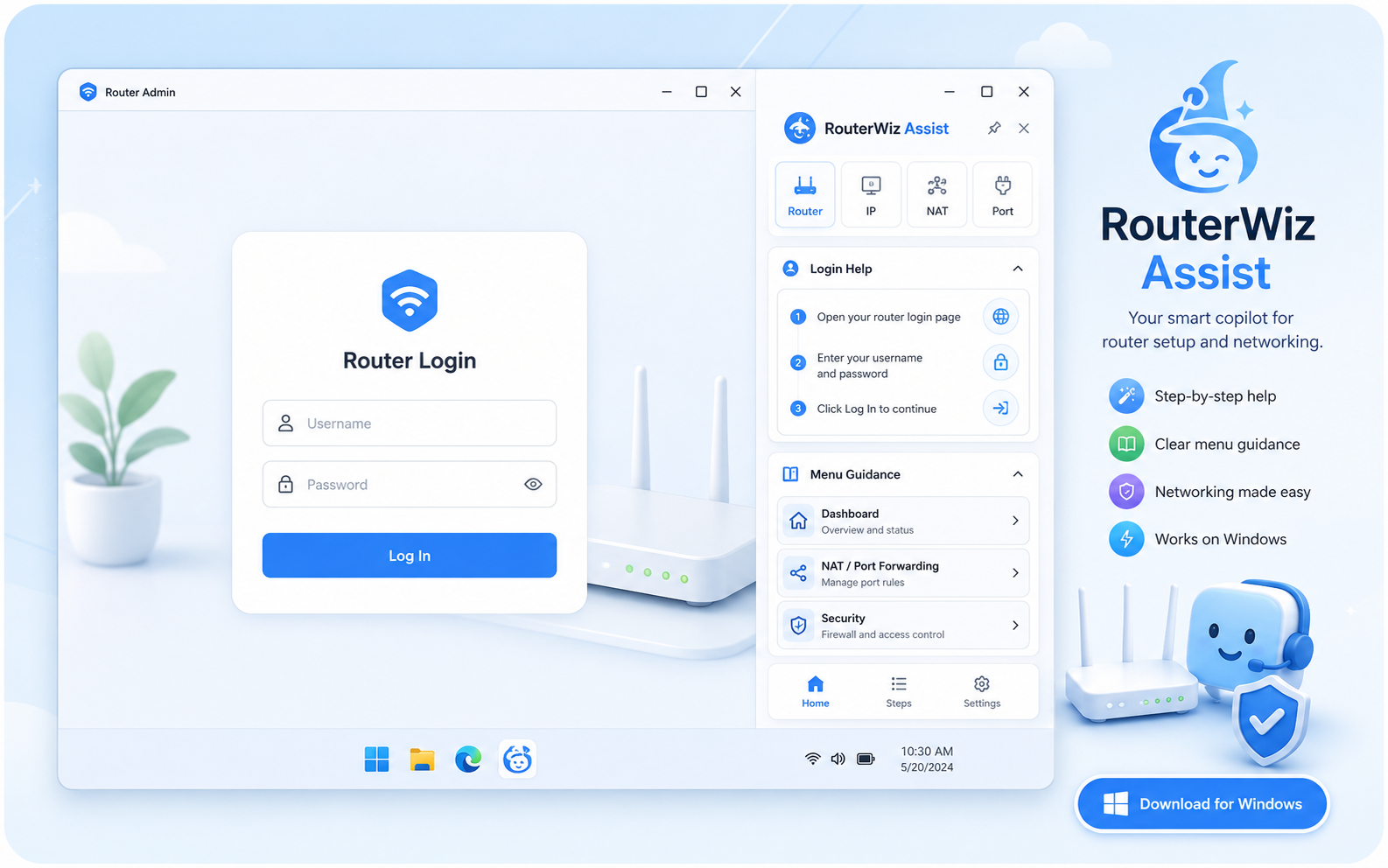 Router login help and assistant UI